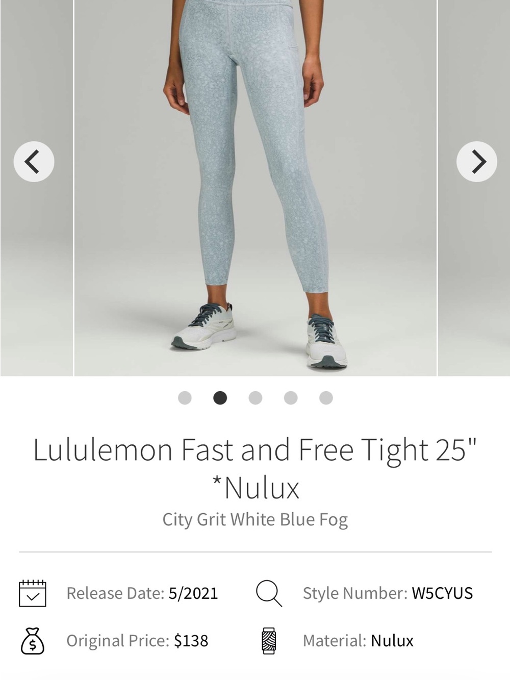 lululemon athletica City Grit Fast and Free Tight 25" in White Blue Fog